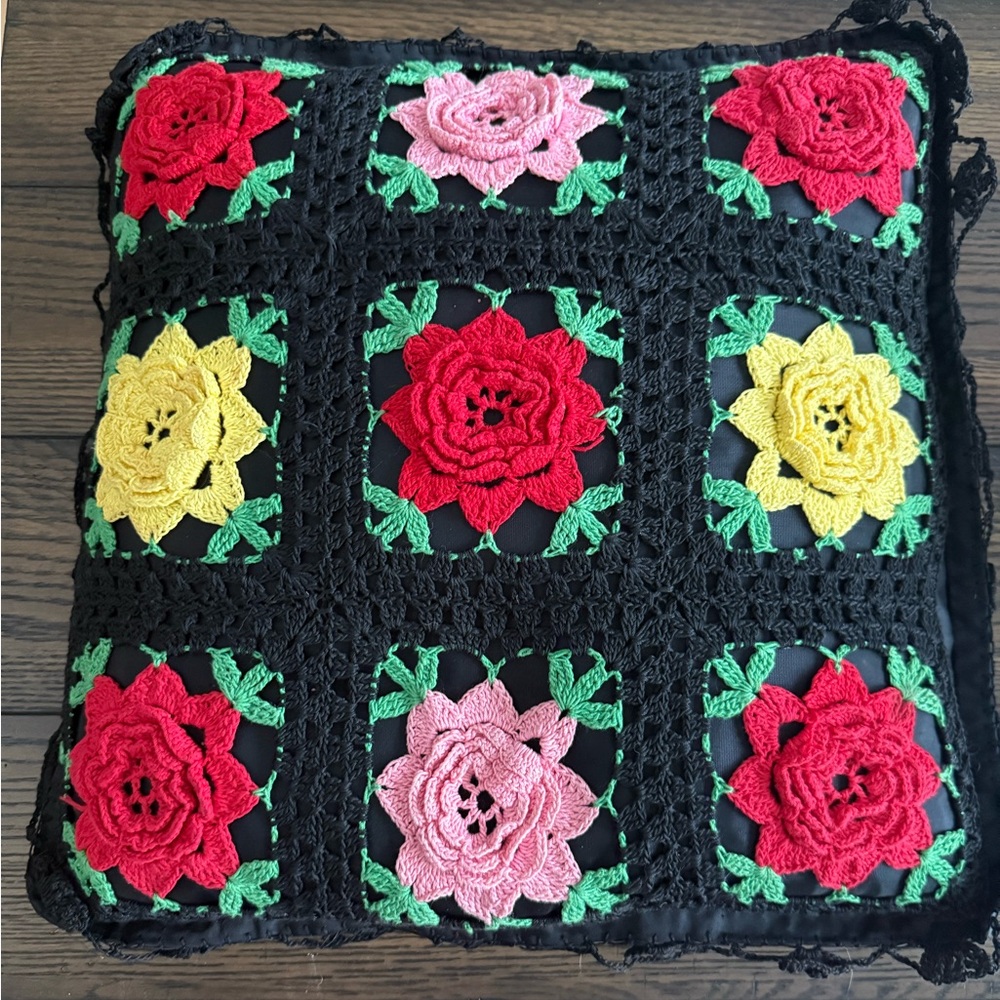 Vintage Crochet Floral Pillow